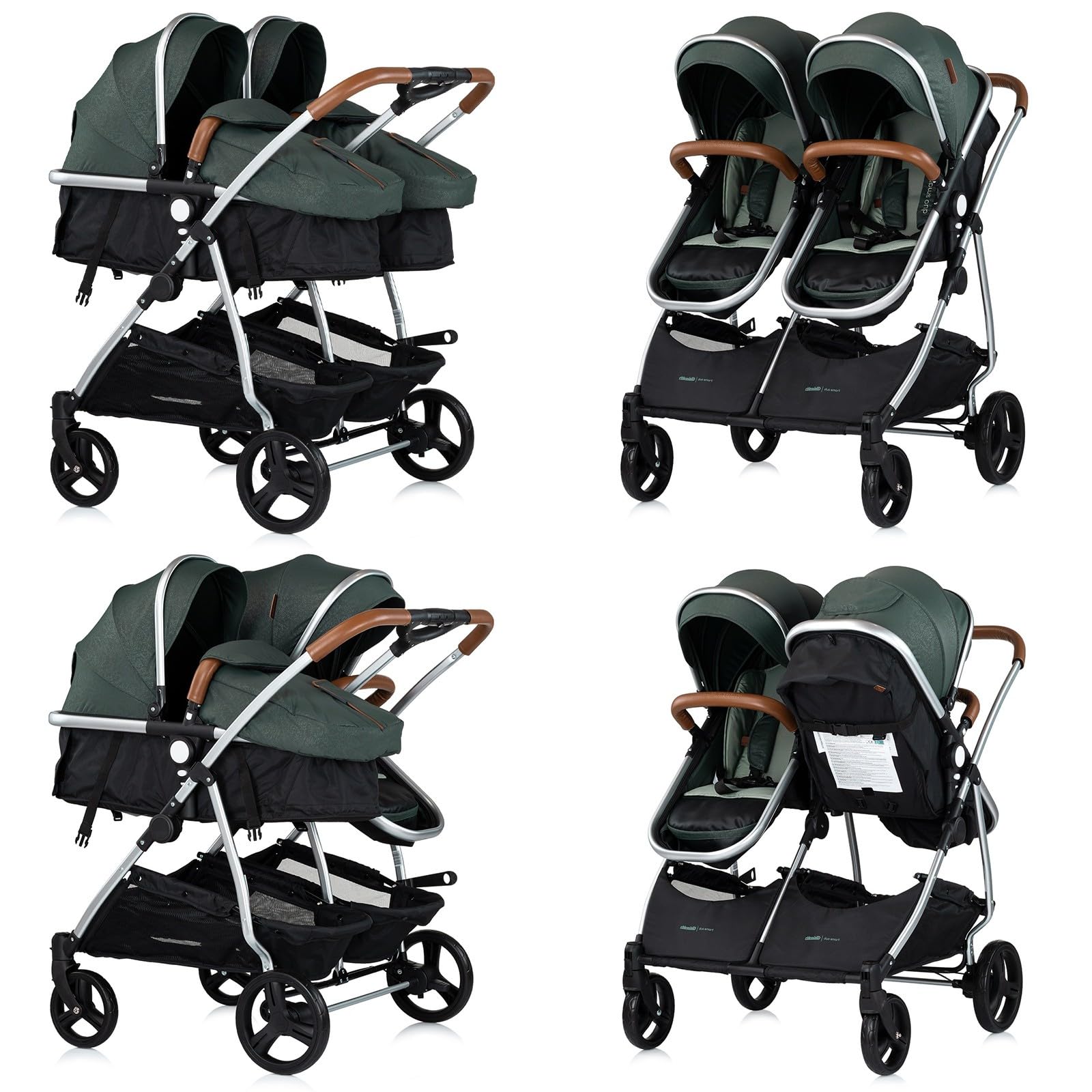 DUO SMART - Cochecito gemelos o niños juntos, ancho 79 cm, color verde sin acogedor