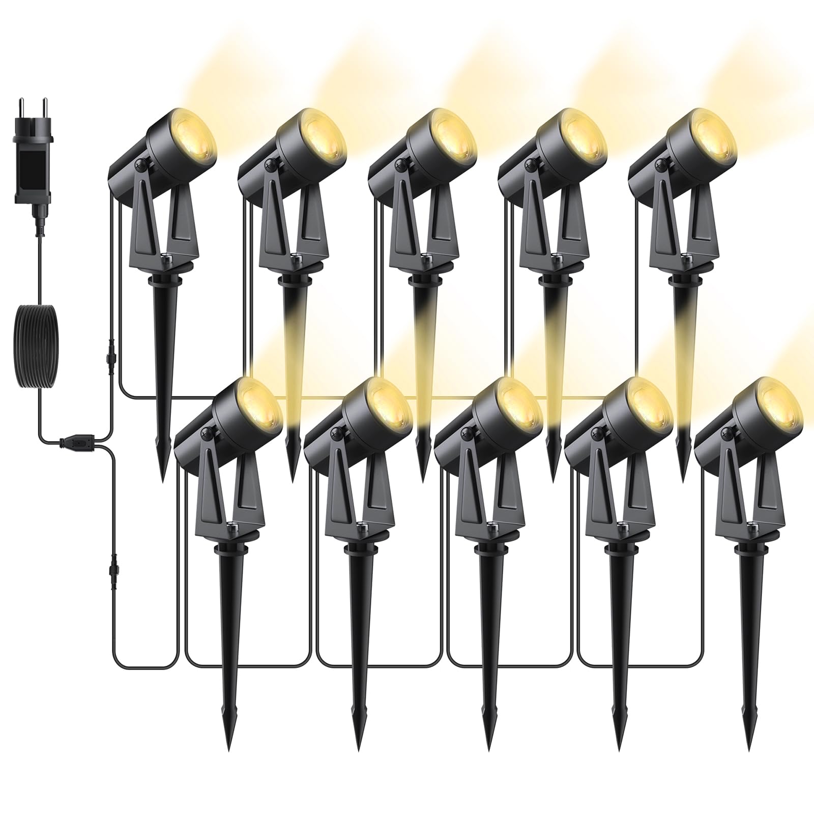 Svater Luci per Giardino 10x2W Faretti Esterno Lampade da Giardino,32m Luci per Esterno 3000LM 27V COB IP65 Impermeabili con Picchetto per Prato Terrazzo Cortile Vialetto Patio,Bianco Caldo