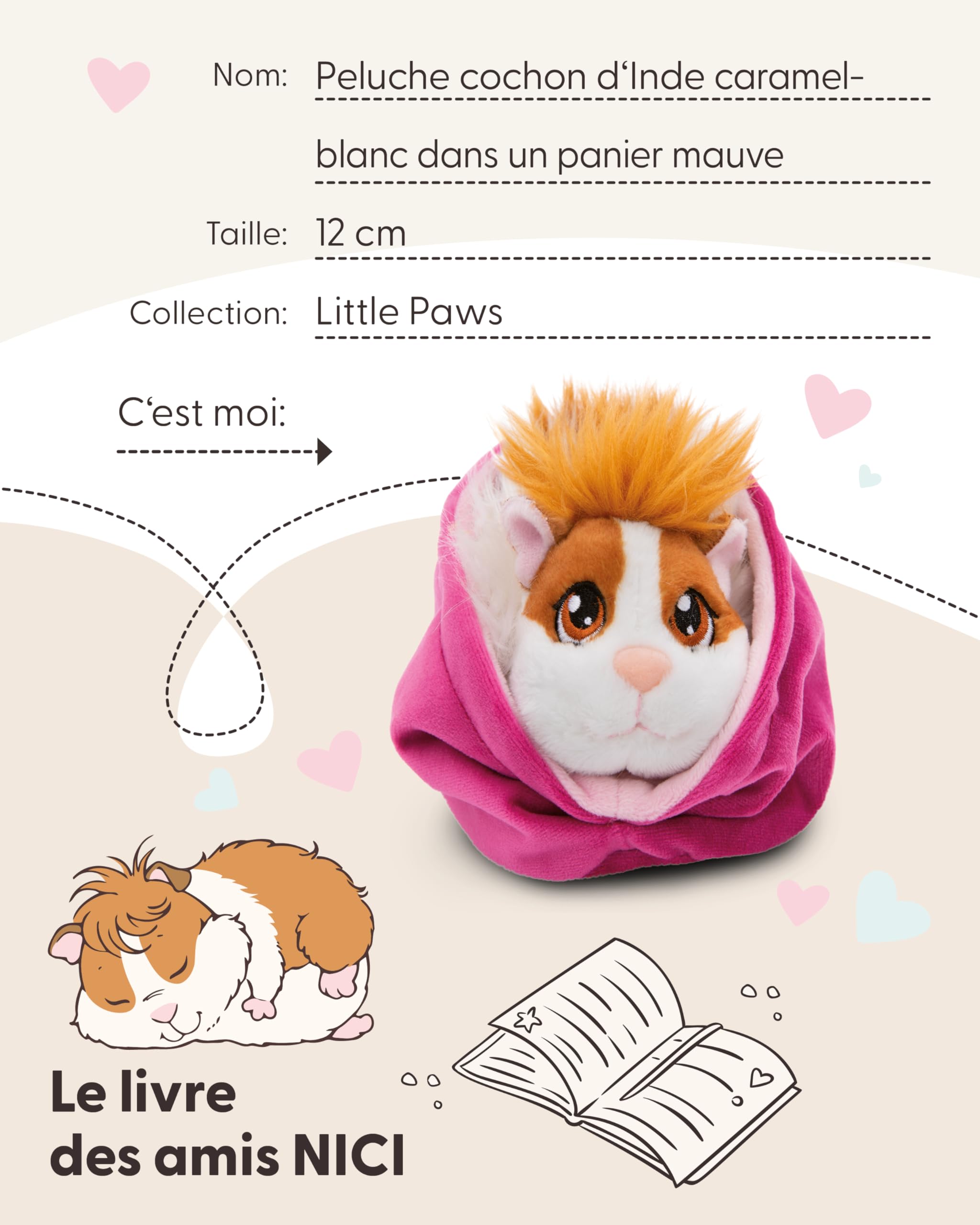 Peluche NICI Little Paws Cochon D'Inde Dans Un Panier - 12 Cm, Fourrure Douce Espresso-caramel