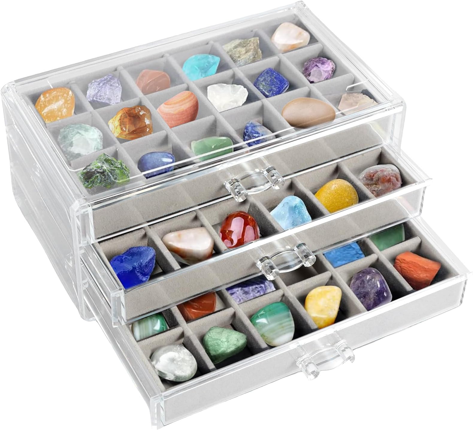 Rock Display Case With 3 Drawers - 54 Grids Collection Box for Clear Crystals, Gemstones, and Kids' Rocks