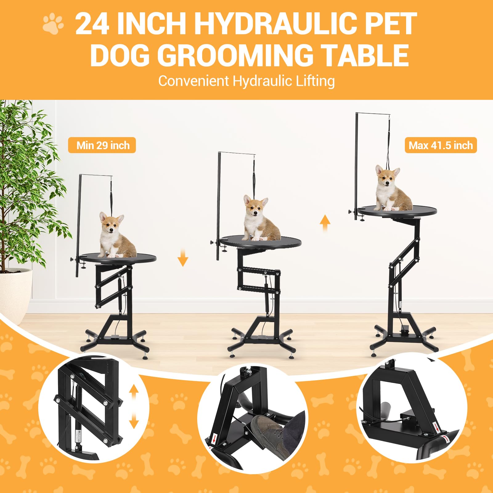 Tavolo da toelettatura per cani con sollevamento idraulico resistente, girevole a 360°, parte superiore antiscivolo, altezza regolabile (71-104,5 cm) con braccio sopraelevato e fermi di sicurezza