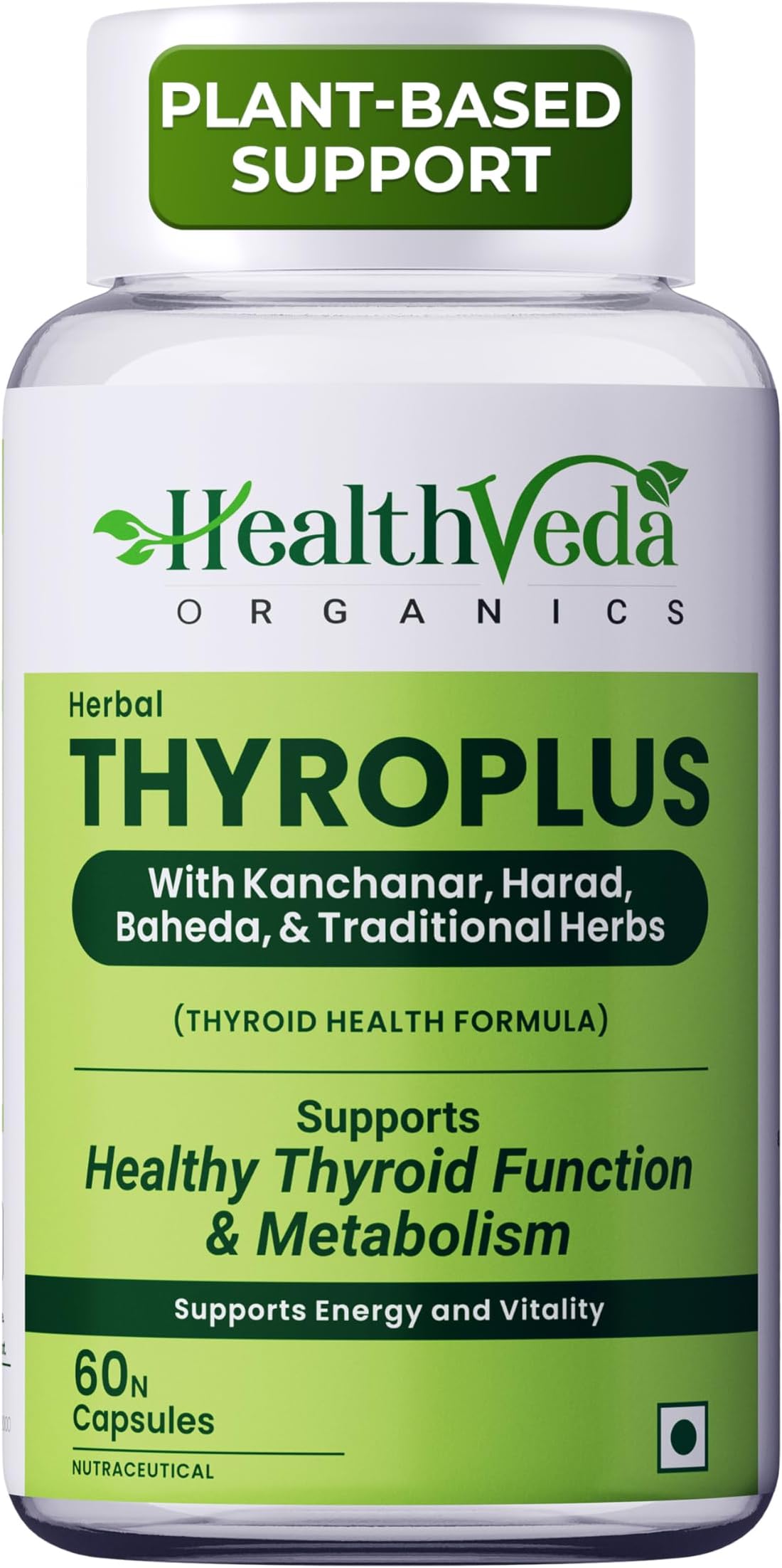 Health Veda Organics Thyroplus Herbal Supplement | Supports Thyroid Health & Metabolism | With Kanchanar, Baheda & Amla | 60 Veg Capsules