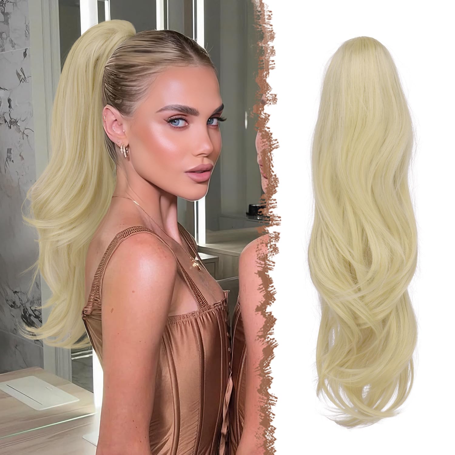 FESHFEN Drawstring Ponytail Extension, Natural Long Wavy Layered Synthetic Pony Tails Ash Blonde Hair Extensions Hairpieces for Women, 20 inch