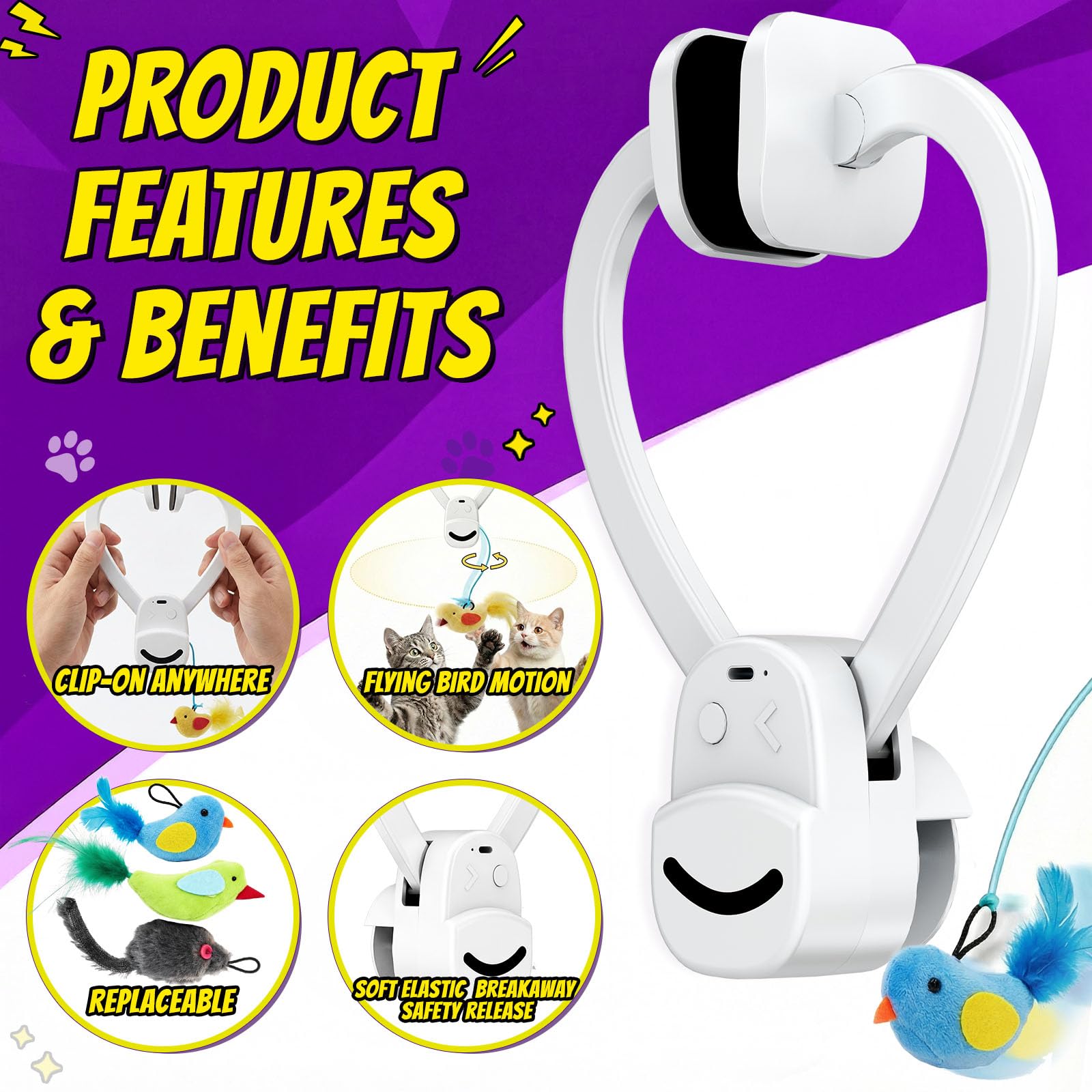 Interactive Cat Toys for Indoor Cats: Automatic Flying Bird Feather Wand Chase Exercise Enrichment Stimulation, USB Rechargeable Durable Safe Hanging Toy for Bored Kittens Adult Multi Cat Households - image 4