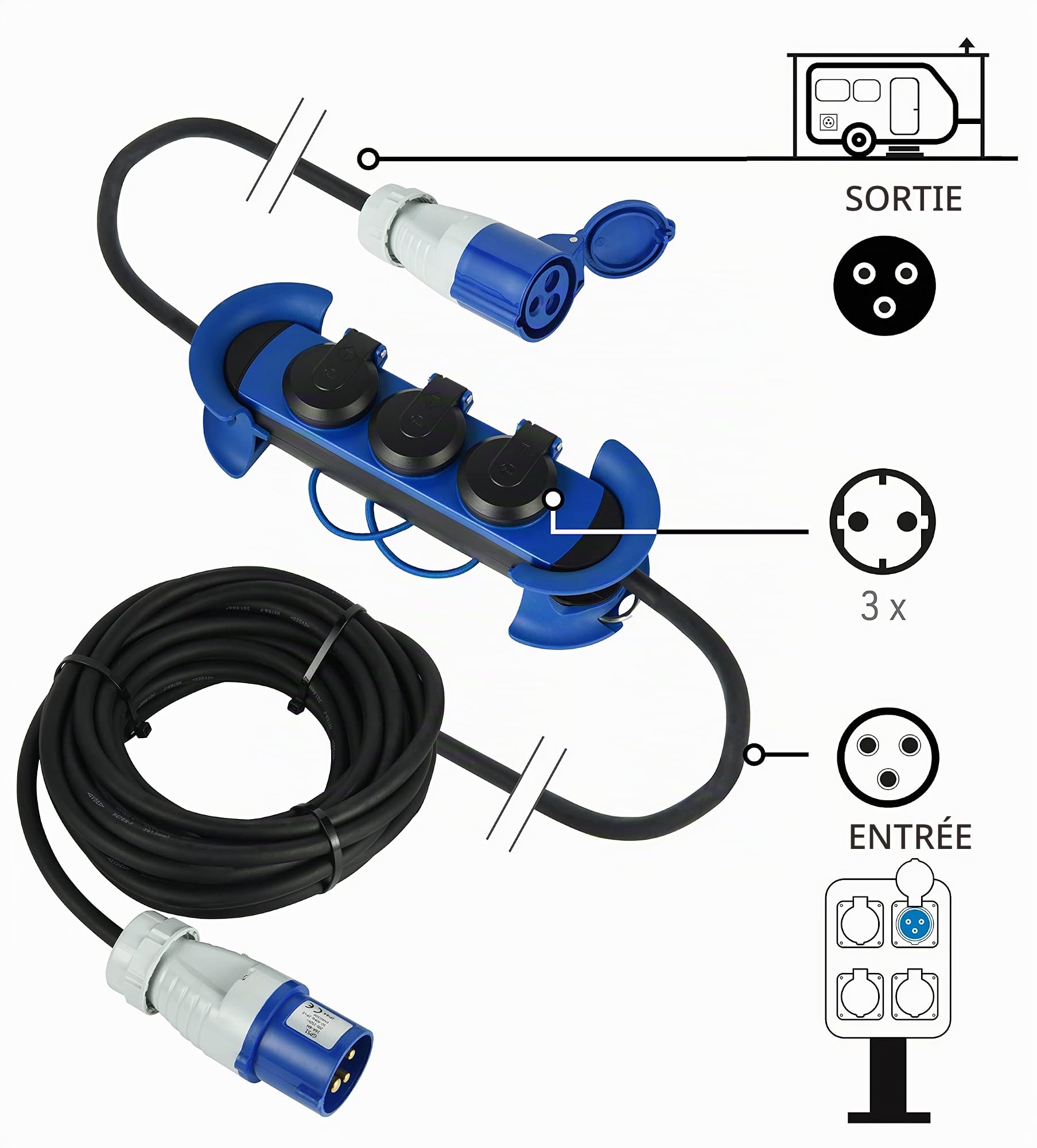 Electraline 62575 Rallonge/Bloc Multiprise Outdoor avec Fiche CEE,3 Prises Schuko + 1 CEE IP44,accrochable avec 2 crochets + serre-câbles élastiques,Câble H07RN-F 3G1.5 Longueur 10M adapté camping