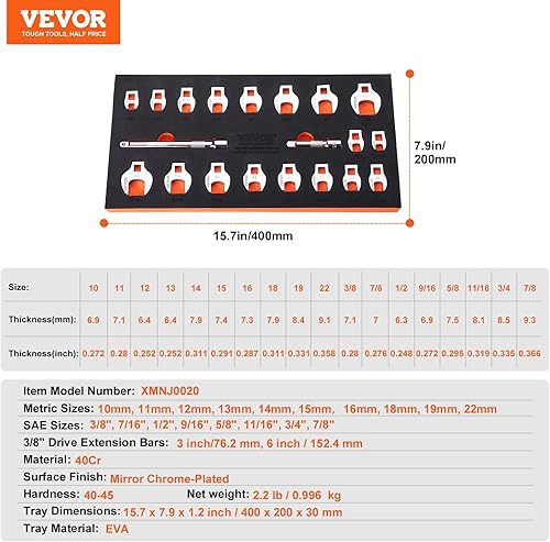 Miniatura 7 de VEVOR Crowfoot - Juego de llaves Crowfoot, juego de 20 llaves de pie de cuervo con 2 barras de extensión y organizador de herramientas EVA, SAE