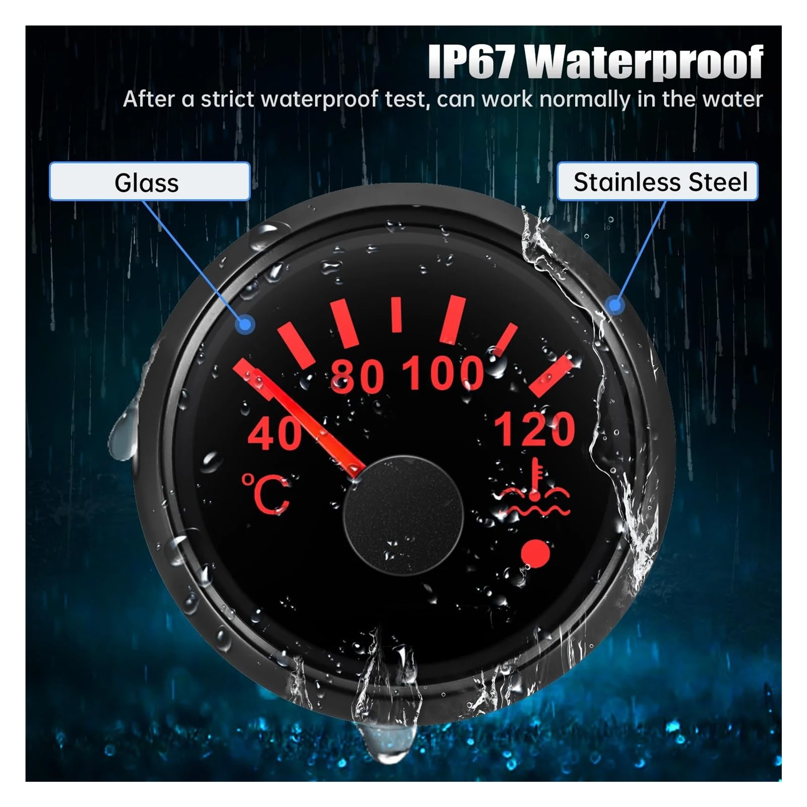 40-120 ℃ Wskaźnik temperatury wody + czujnik, 7 kolorów LED 52 mm Termometr do wody z alarmem dla Auto Car Boat Yacht Wyczyść czytanie(BS 1-8NPT)