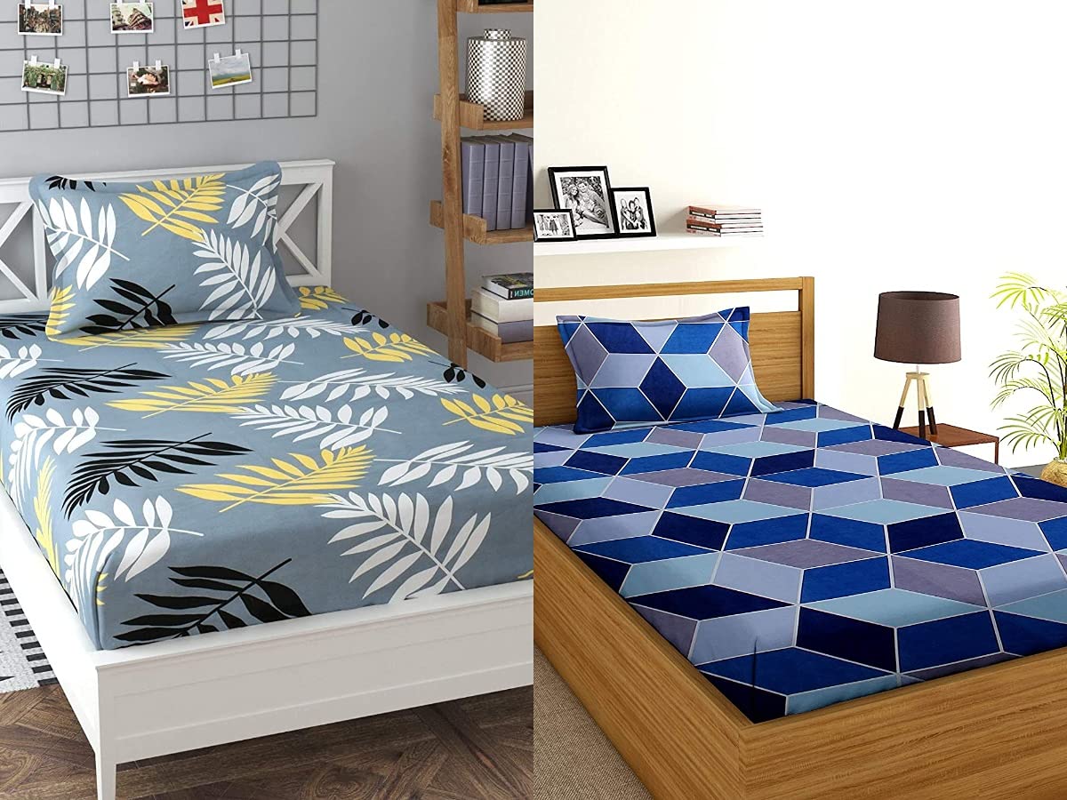 VIVEA RESERVE Soft Comfortable Lightweight Single Bed Cotton Feel Glace Printed Combo of 2 Bedsheet - Combo Pack of 2 - Set of 2 Bedsheet with 2 Pillow Covers (Design 1, Multi-Coloured)