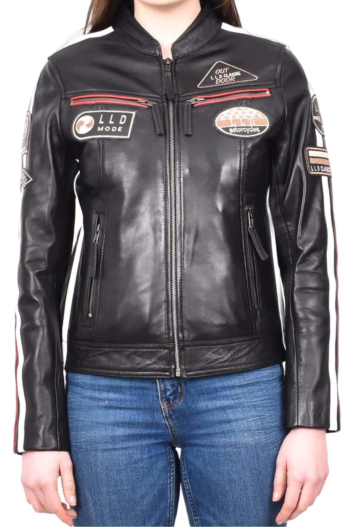 A1 FASHION GOODS Womens Real Leather Cafe Racer Biker Jacket Motorcycle Retro Badges Abby (UK, Numeric, 18, Regular, Regular, Black)