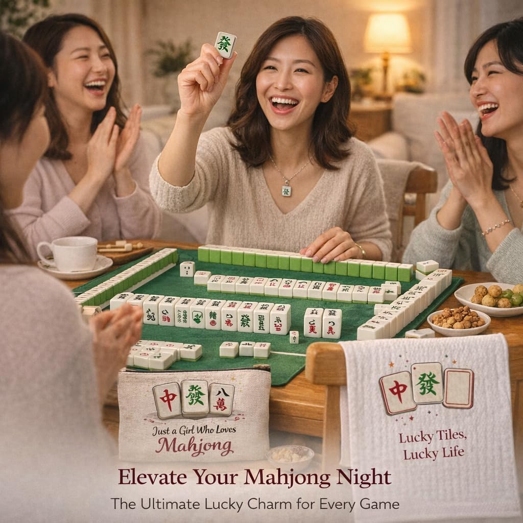 Mahjong Gifts for Women – Cute + Lucky 5-Piece Mahjong Lover Gift Set (Socks, Makeup Bag, Towel, Necklace & Stickers) – Unique Mahjong Themed Gifts for Birthday, Christmas & Mahjong Players