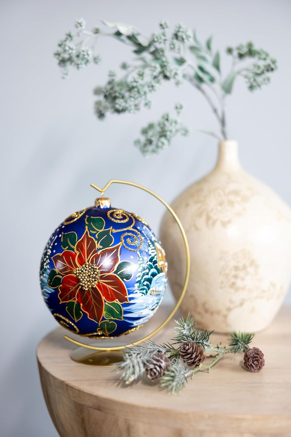 Christmas Ornament Wintry Day with Red Poinsettia Blown Glass Ball (Navy Blue, 150mm)