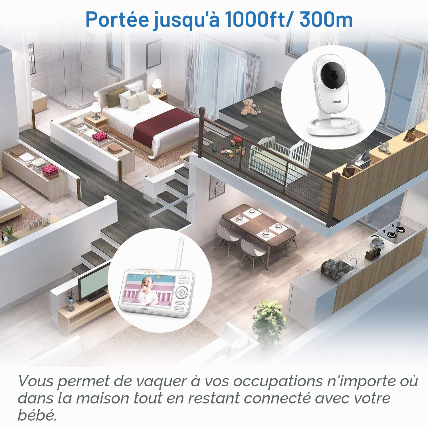 VTech Moniteur de bébé LM808-2W avec 2 caméras, portée de 300 m, Vision Nocturne Automatique, Moniteur vidéo pour bébé avec écran de 5", Conversation Audio bidirectionnelle, capteur de température
