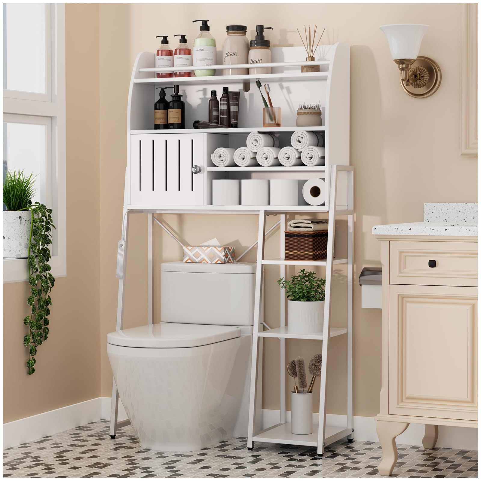 yacchi home Over The Toilet Storage Cabinet with LED Sensor Night Light- Bathroom Organizer Over Toilet with Magnetic Suction Door, Space-Saving Above Toilet Storage Shelf Rack Bathroom Laundry