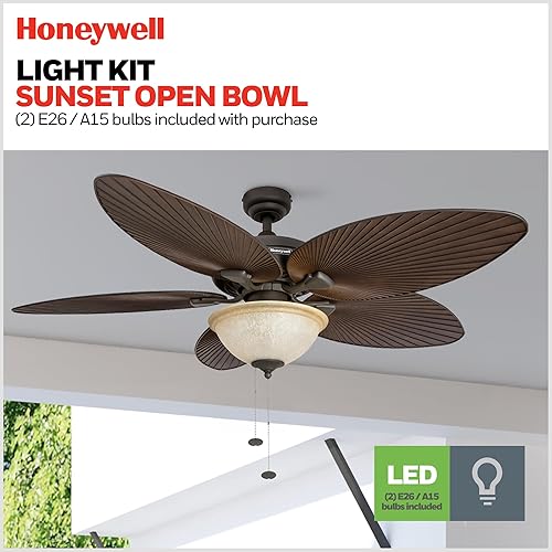 Miniatura 4 de Honeywell Palm Island Tropical ventilador de techo de 52 pulgadas con luz en funda de vidrio 5 aspas con diseño de hojas de palmera para interiores