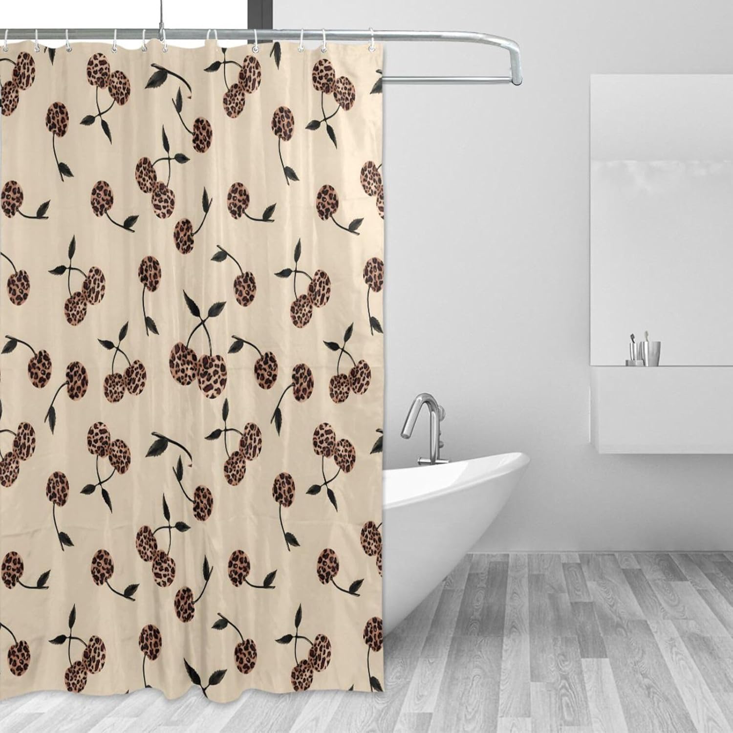 Shower Curtain Set, Leopard Cherry Pattern Beige Brown Waterproof Shower Curtains for Bathroom, Polyester Fabric Bath Curtain with Hooks 72x72 Inch