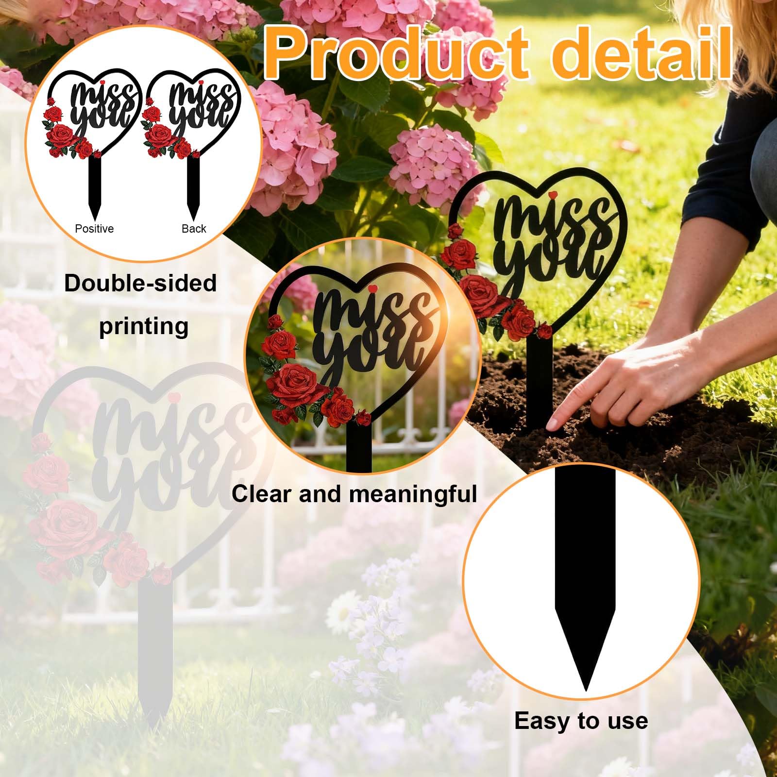 decorazione tomba cuore metallo 1 pezzo 30x18 cm resistente per esterno con scritta Miss You e soffione per cimitero giardino prato commemorazione