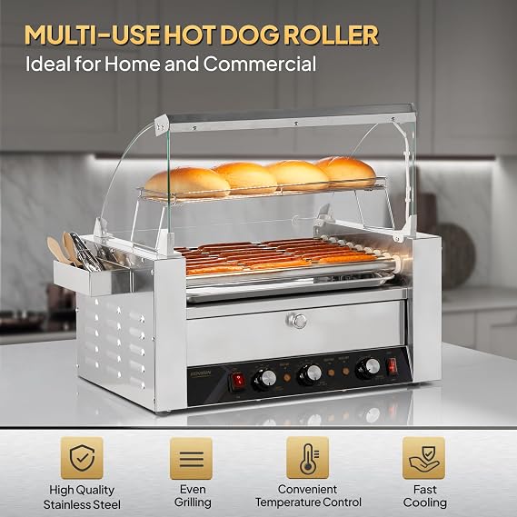 ROVSUN 24 Hot Dog 9 Roller, Hot Dog Roller Warmer Grill Cooker Machine w/Bun Warmer, Cover, Dual Temp Control, LED Light, Removable Shelf & Drip Tray for Party Home Commercial 1500W ETL Certified
