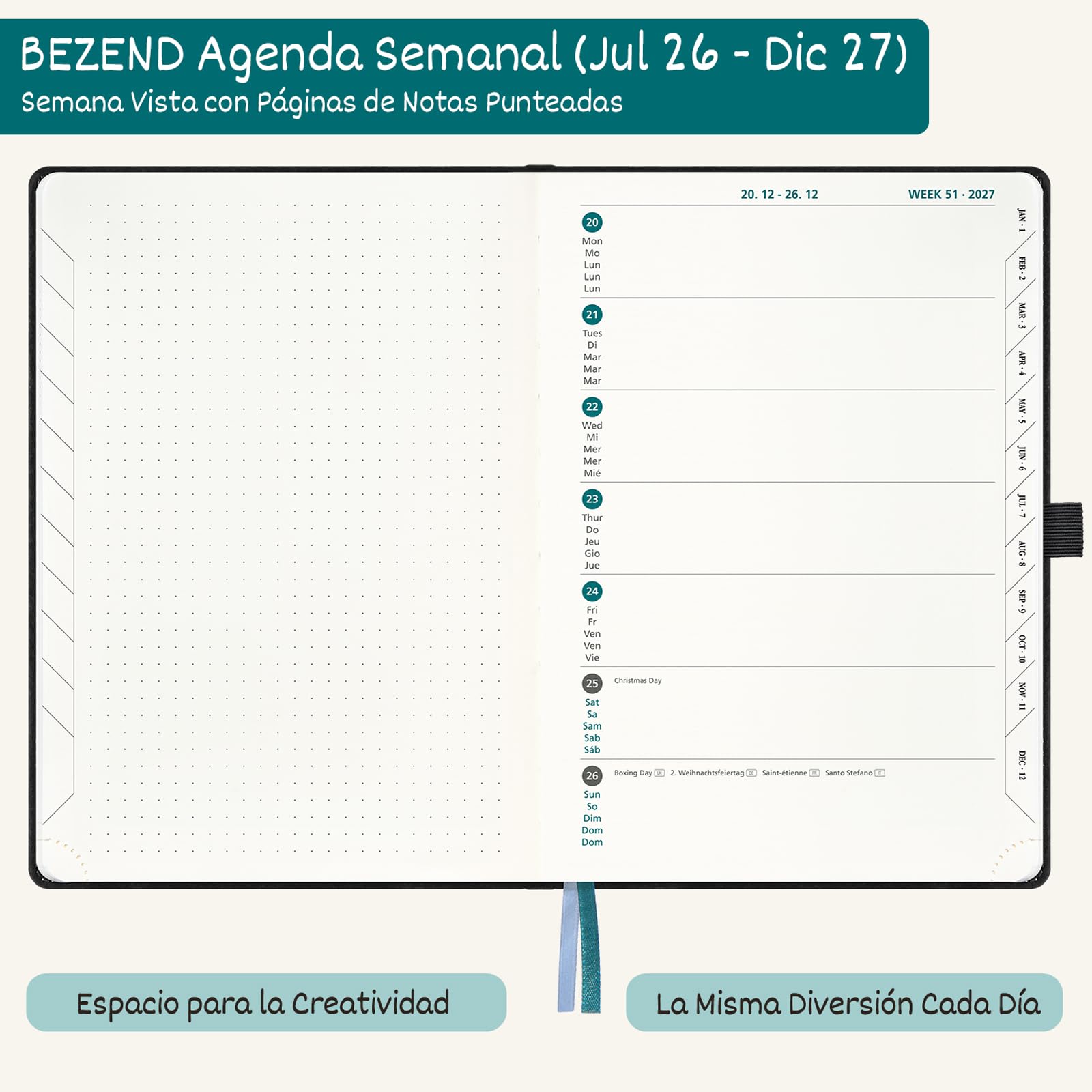 BEZEND Agenda Escolar 2026 2027 Semana Vista A5 15,5 x 21 cm, 18 Meses de Jul.26 a Dic.27, Vista Semanal con Página de Puntos, Papel de 90 GSM, Tapa Dura Cuero PU - Verde Pacífico