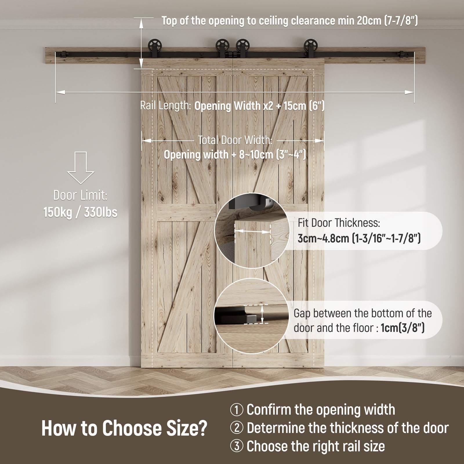 Herrajes Puertas Correderas Doble 325cm Rieles Kit Puerta Corredera Negro para 2 Puerta Corredera Madera 81cm Ancho, Pequeña Rueda T-forma — view 18