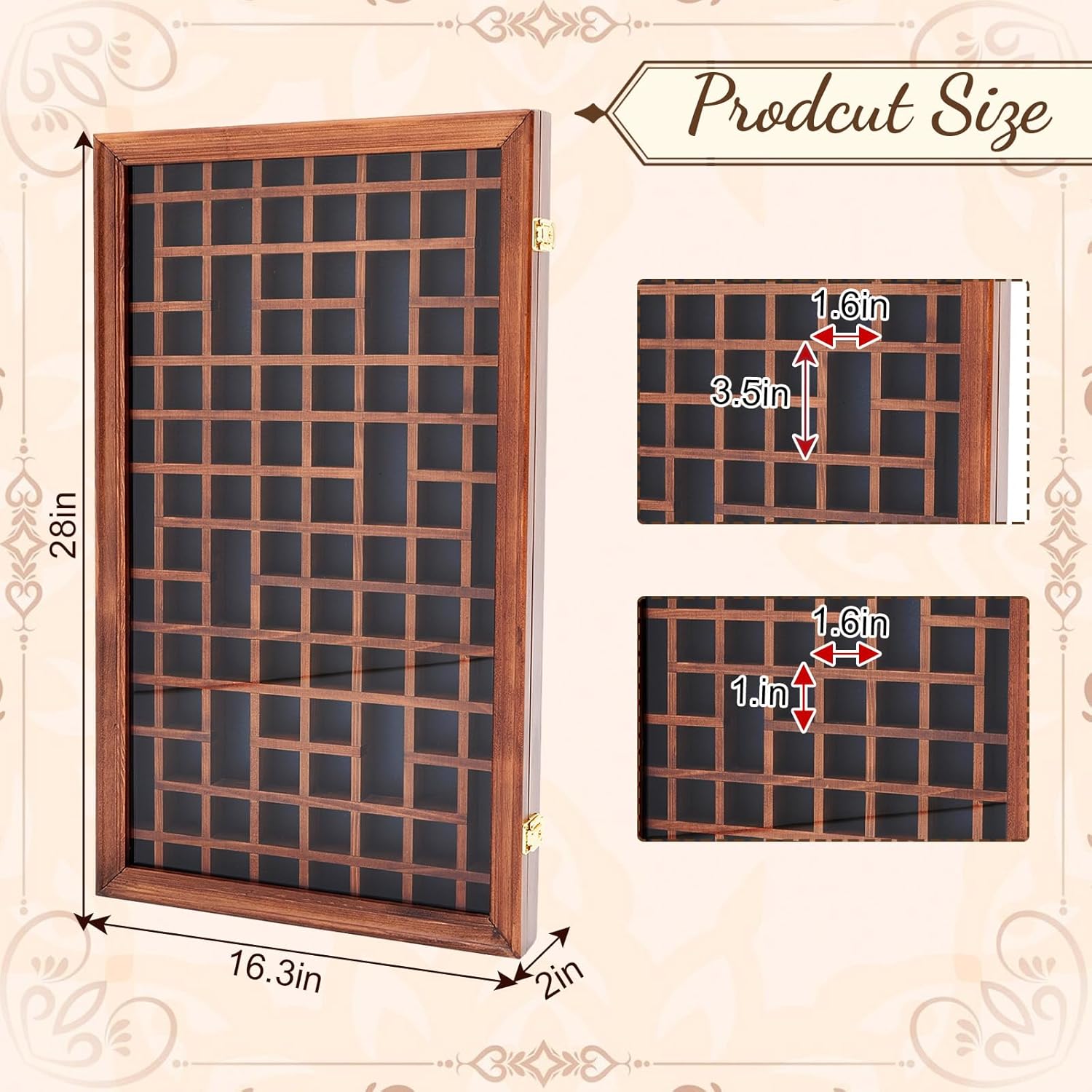 Yookeer 100 Opening Thimble Display Case Cabinet - Wall Mount Miniature Shadow Box with 98% UV Protection Lockable Acrylic Door Wood Frame Holder for Collectibles, Walnut, 28 x 16 x 1.75 Inch