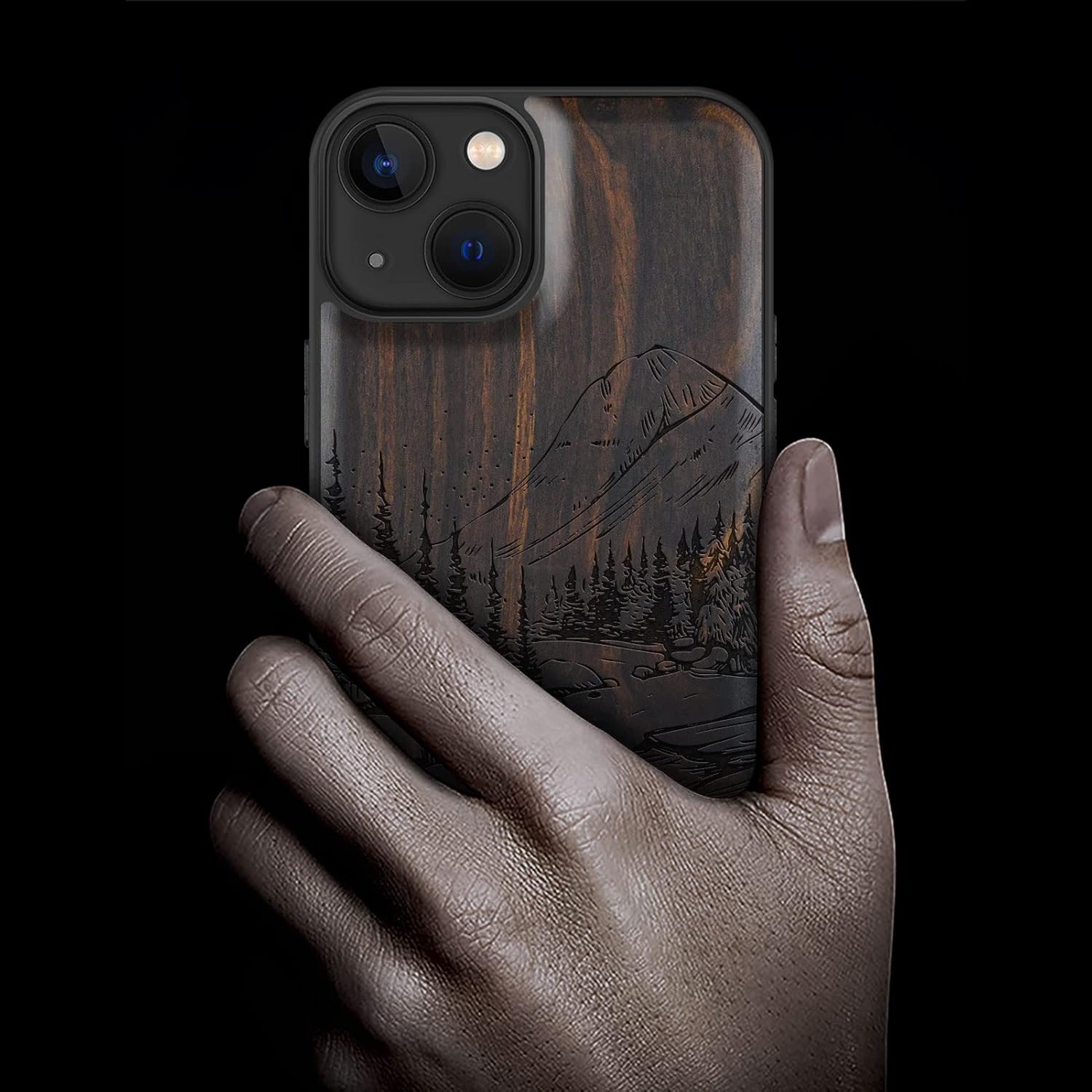Carveit Magnetic Wood Case for iPhone 13 Case [Natural Wood & Black Soft TPU] Unique Wooden Shockproof Protective Cover Compatible with magsafe (Natural Landscape -Blackwood)