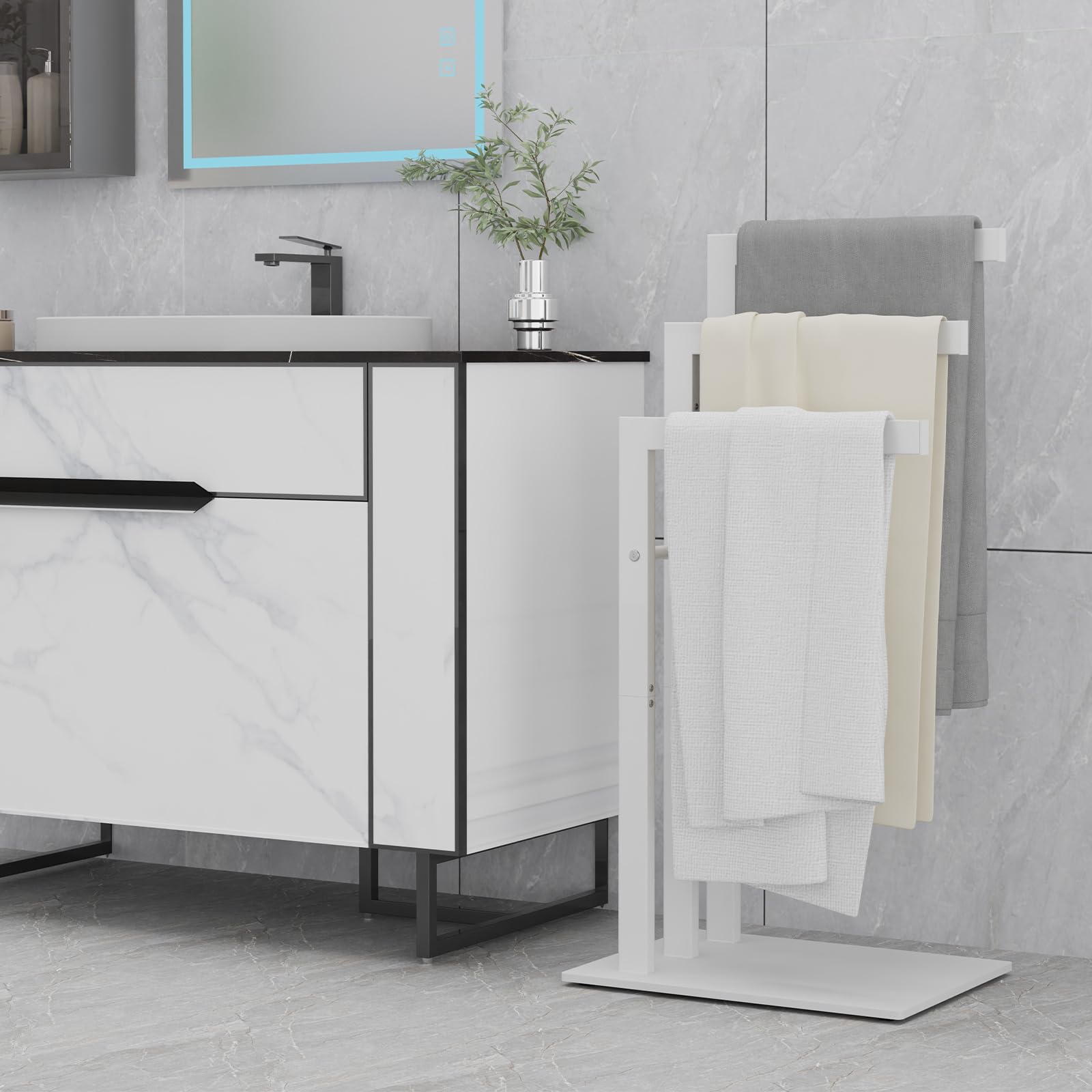 OUTBROS Porte Serviette sur Pied, Porte Serviettes Debout en Métal avec 3 Barres, Utilisé pour Les Salles de Bains, Les Chambres, Facile à Installer, Stable,40x30x80cm,Blanc