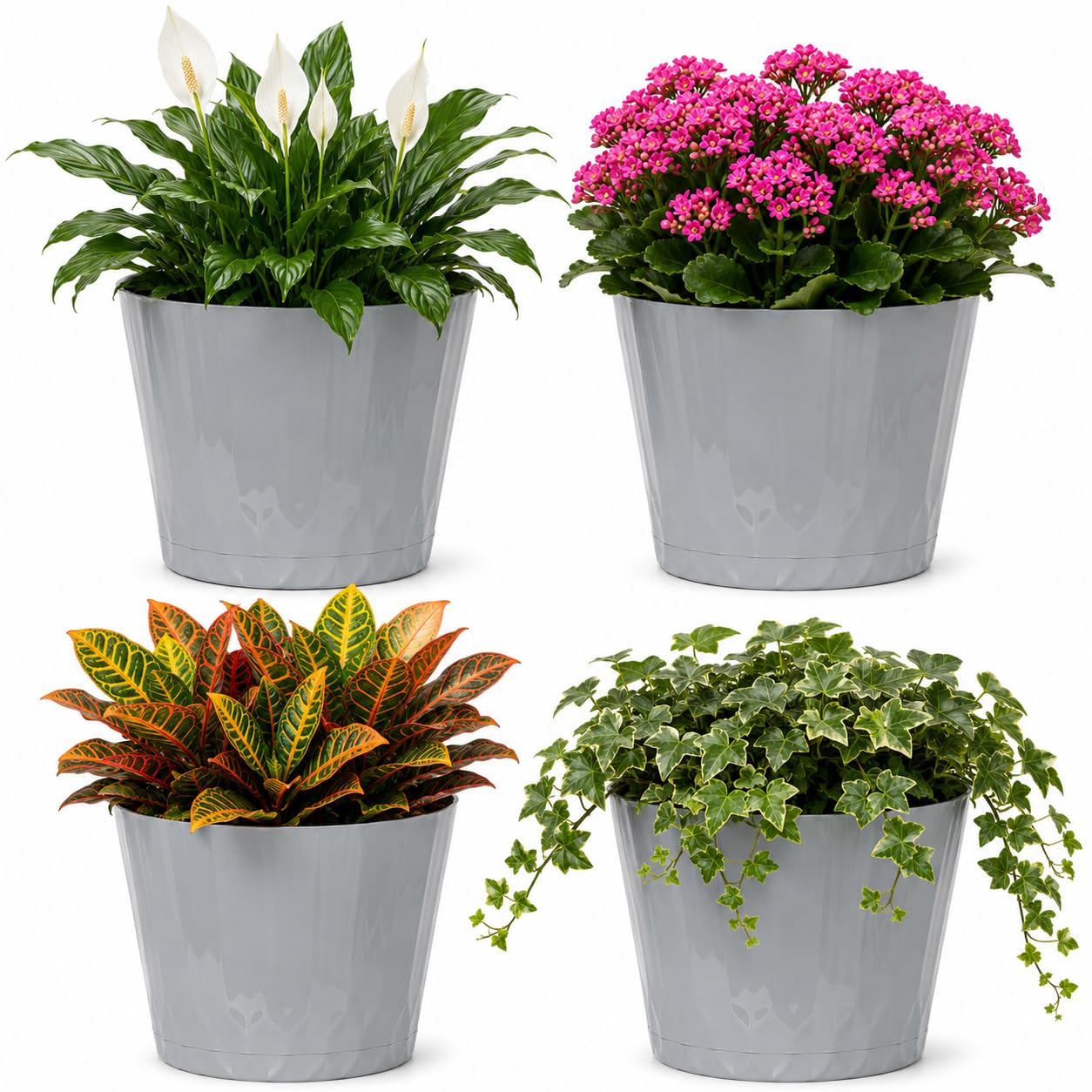 Muddy Hands Decorative Grey Plant Pot with Clip-On Saucer – Indoor & Outdoor Round Plastic Planter for Flowers, Herbs & House Plants, Stylish Durable Flower Pot with Drainage Holes (4, 1 Litre)