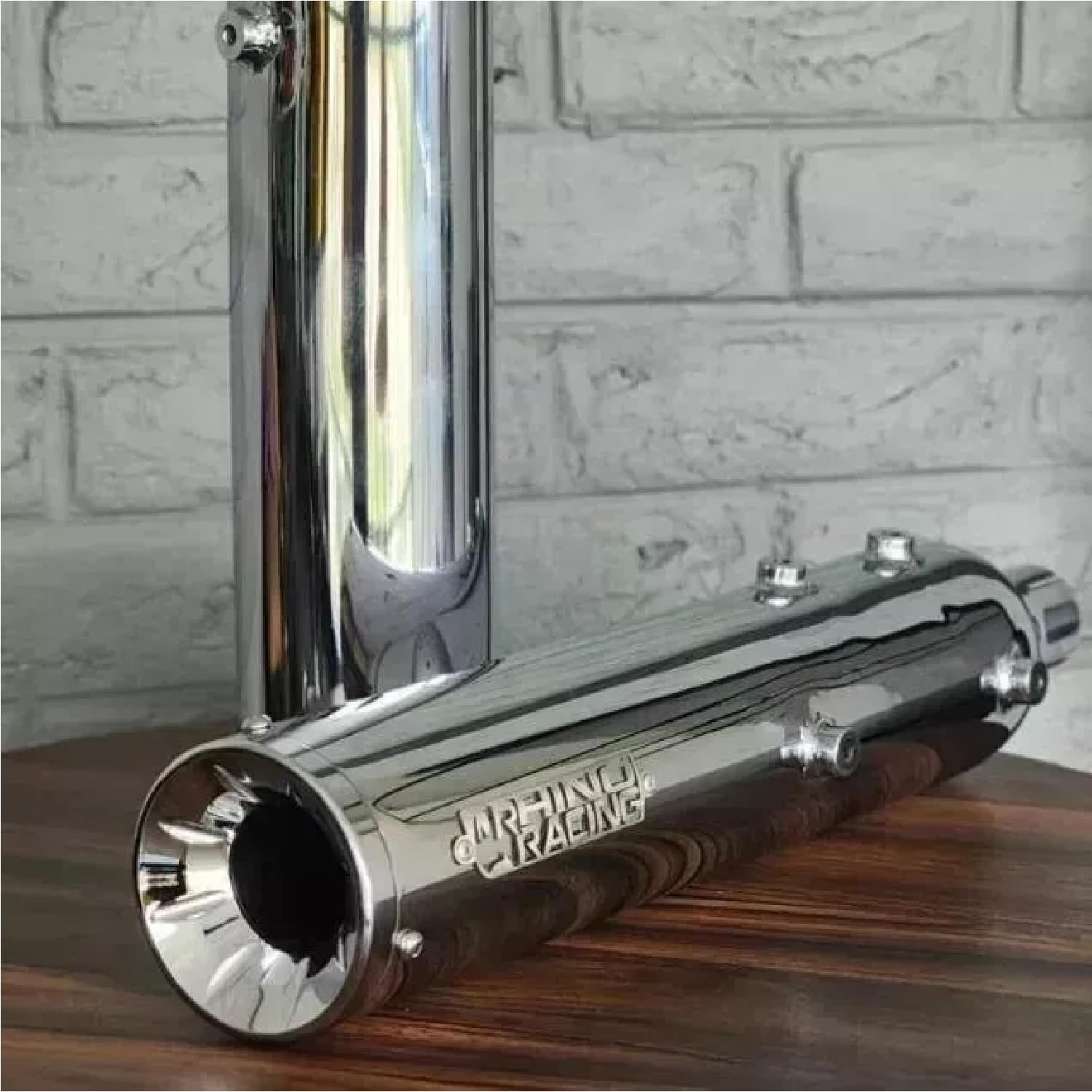 Rhino Racing Bike Exhaust Muffler | Mild Steel Chrome Finish Stainless Steel Straightcut Bike Silencer for Royal Enfied Super Meteor 650 (1 Pair, Chrome)