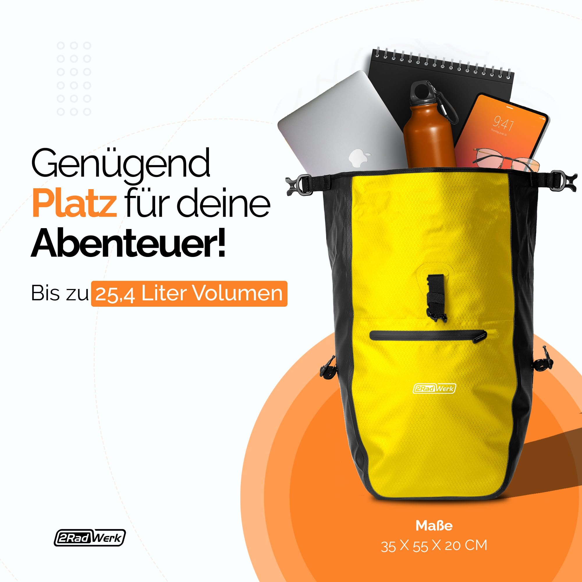 2Radwerk Fahrradtasche für Gepäckträger, 25,4 l, 100 Prozent Wasserdicht, mit Tragegriff und Schultergurt, fahrradtasche gepäckträger, gepäckträgertasche, Fahrrad Taschen hinten, 56,5 x 30 x 15 cm