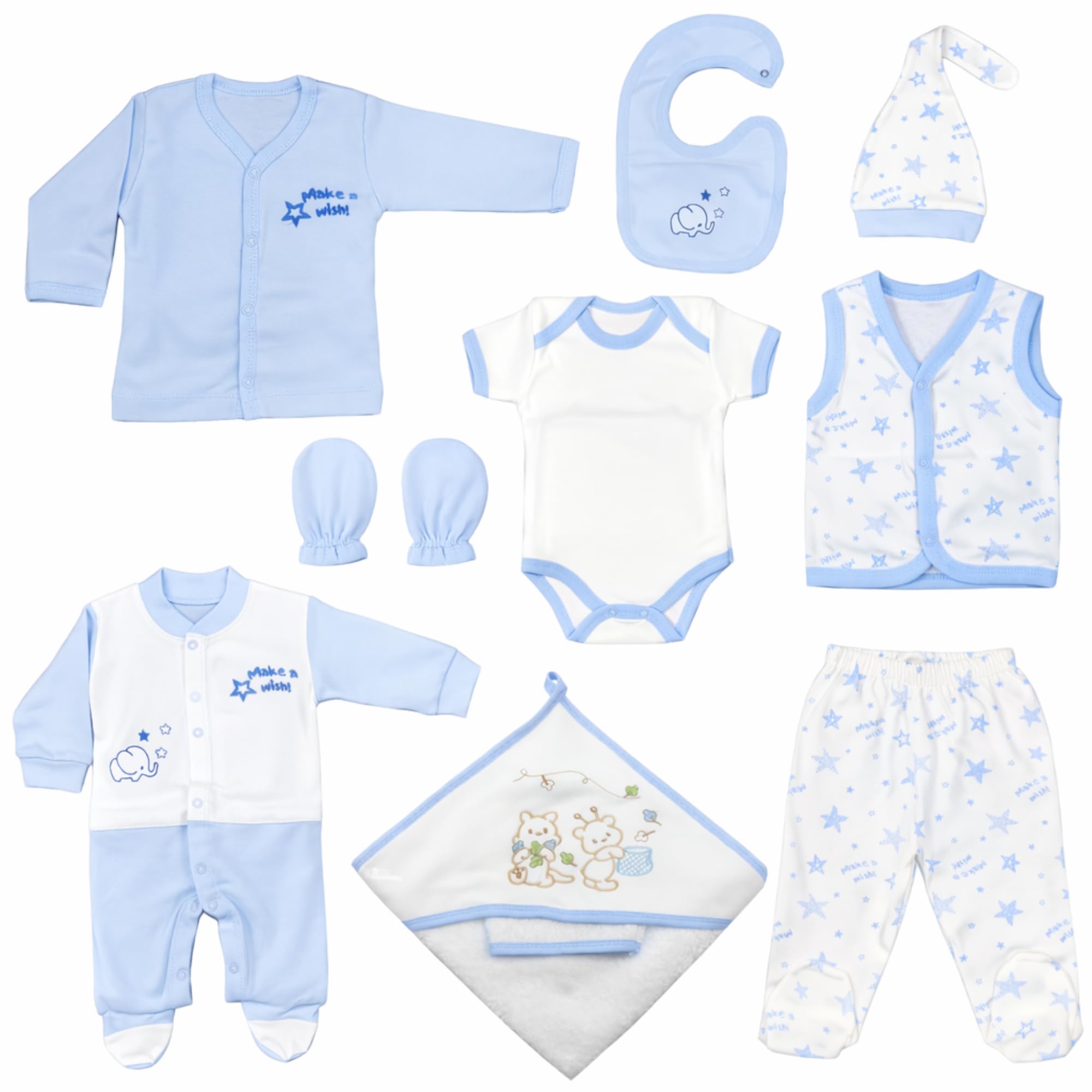 Blue Eyes Set de regalo para recién nacidos, 100 % algodón natural, equipamiento inicial, ropa unisex, set de regalo para bebés de 0 a 4 meses, 10 piezas (azul estrella)