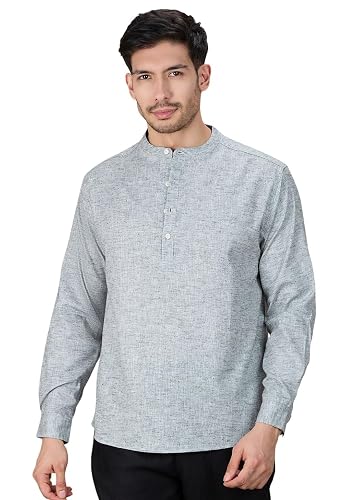 Studio Shringaar Men's Grey Cotton Linen Blend Two-Tone Classic Short Kurta Shirt