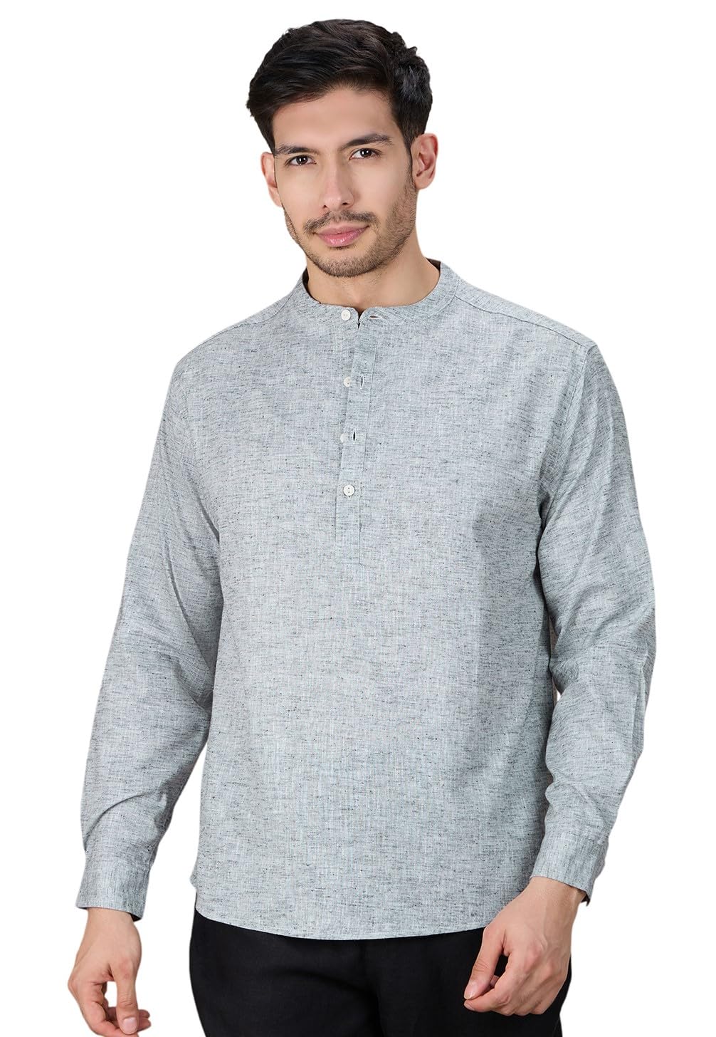 studio shringaar Men's Grey Cotton Linen Blend Two-Tone Classic Short Kurta Shirt-picture-37