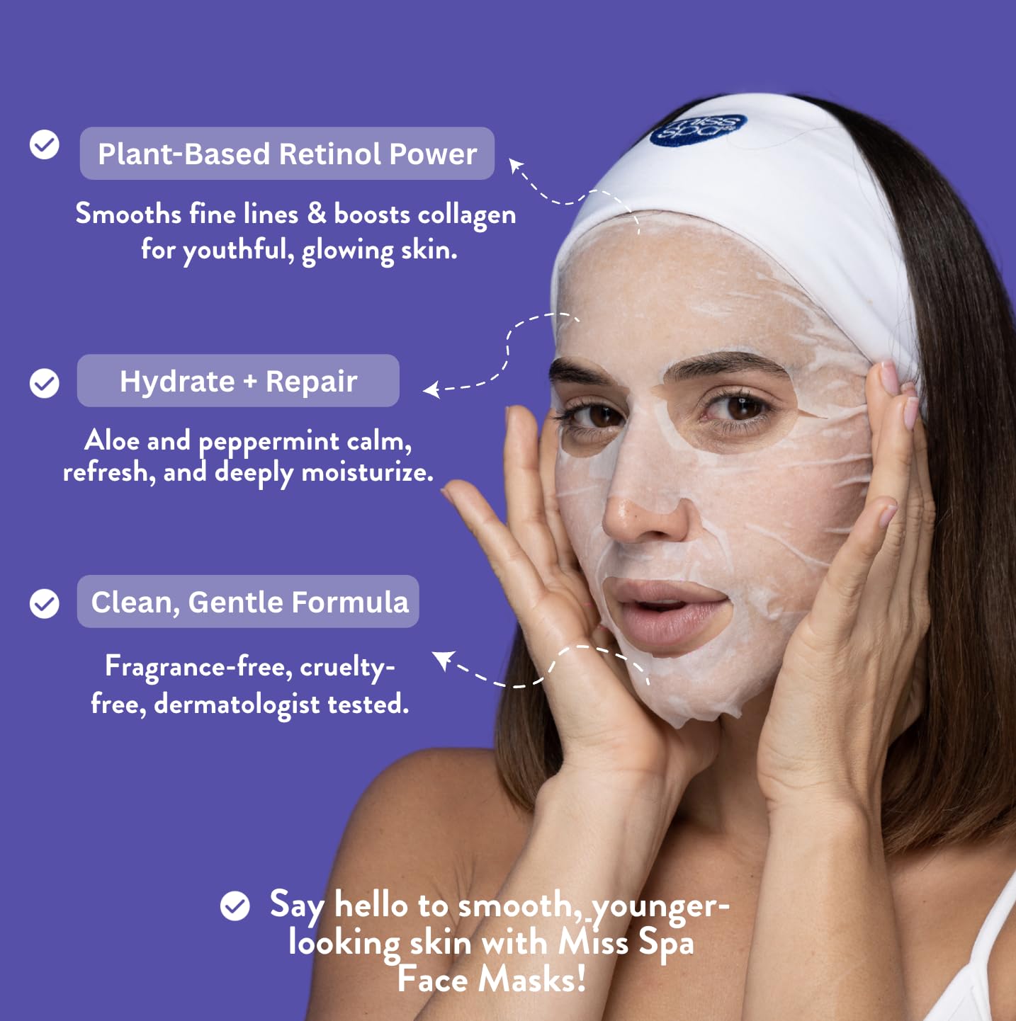 MISS SPA Anti-Aging Bakuchiol Repairing Facial Sheet Mask, Plant-Based Retinol, Hydrating Skin Care, Dermatologist Tested, 4 Pack - Image 2