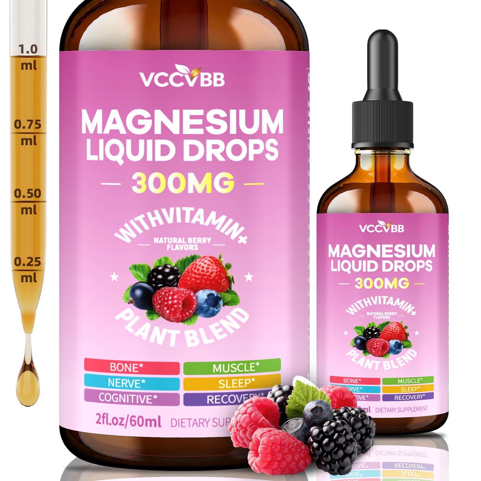 Magnesium Glycinate Liquid Drops, 300mg Magnesium Complex with D3 K2 300mg-Berry Flavor 2 Fl Oz (Pack of 1)