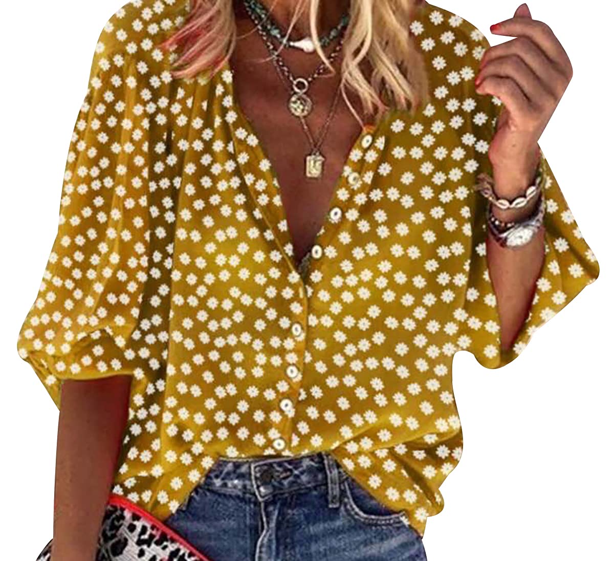 Peuignao Blusas Mujer Verano Blusa Manga Larga Escote V Mujer Camisas Camisa Estampada Botones Mujer Tallas Grandes Blusa Flores Señora Larga Talla Grande Blusas de Mujer Elegantes Casual Anchas Modernas