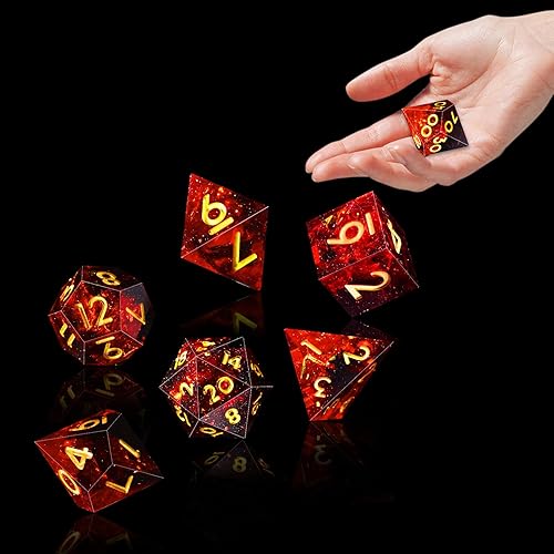 Miniatura 6 de AUSTOR Juego de dados DND de 7 troqueles hechos a mano con bordes afilados para juegos de mesa MTG de Calabozos y Dragones RPG (rojo llama)
