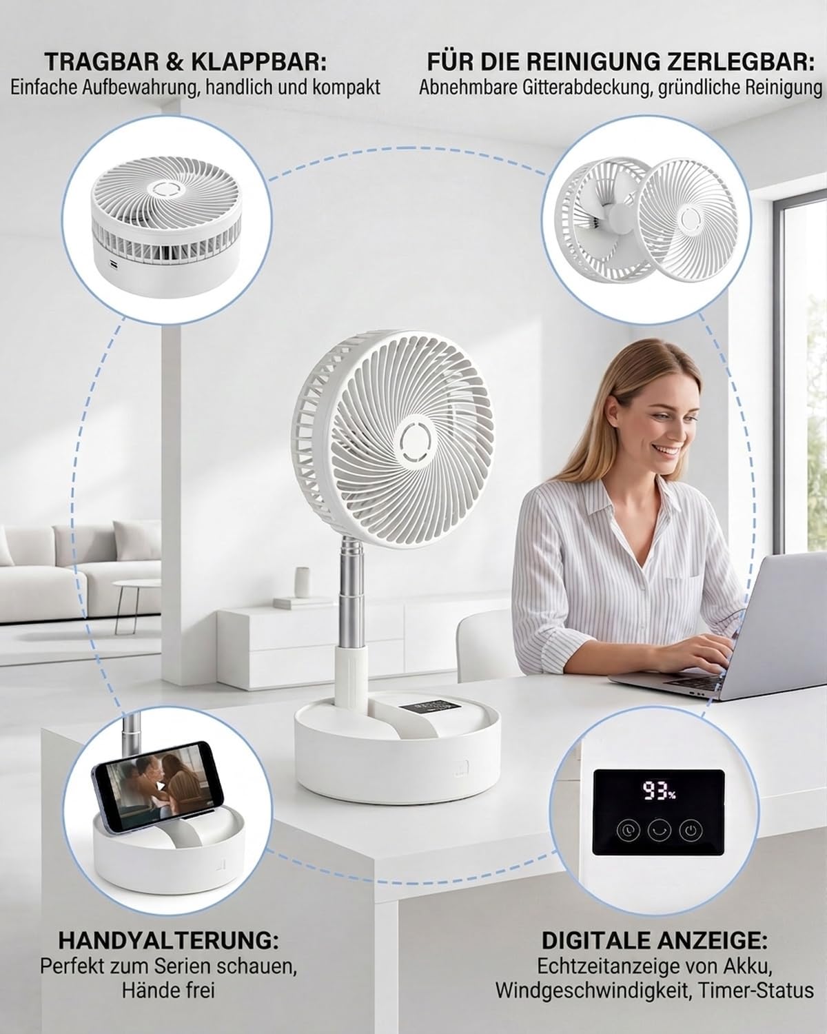 Leise 8" Tragbarer Standventilator mit Fernbedienung, 8000mAh Akku Aufladbar USB C Tischventilator, 5 Geschwindigkeitsstufen, 90°/120°-Oszillation, 1–8-Stunden-Timer, Ventilator für Schlafzimmer