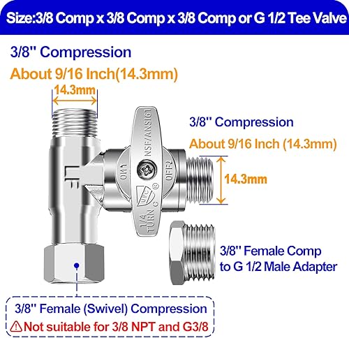 Vista 13 de Válvula de parada en T - 3/8 Comp x 3/8 Comp x 1/4 Comp latón Add-A-Tee válvula, adaptador de agua de alimentación para refrigerador, máquina