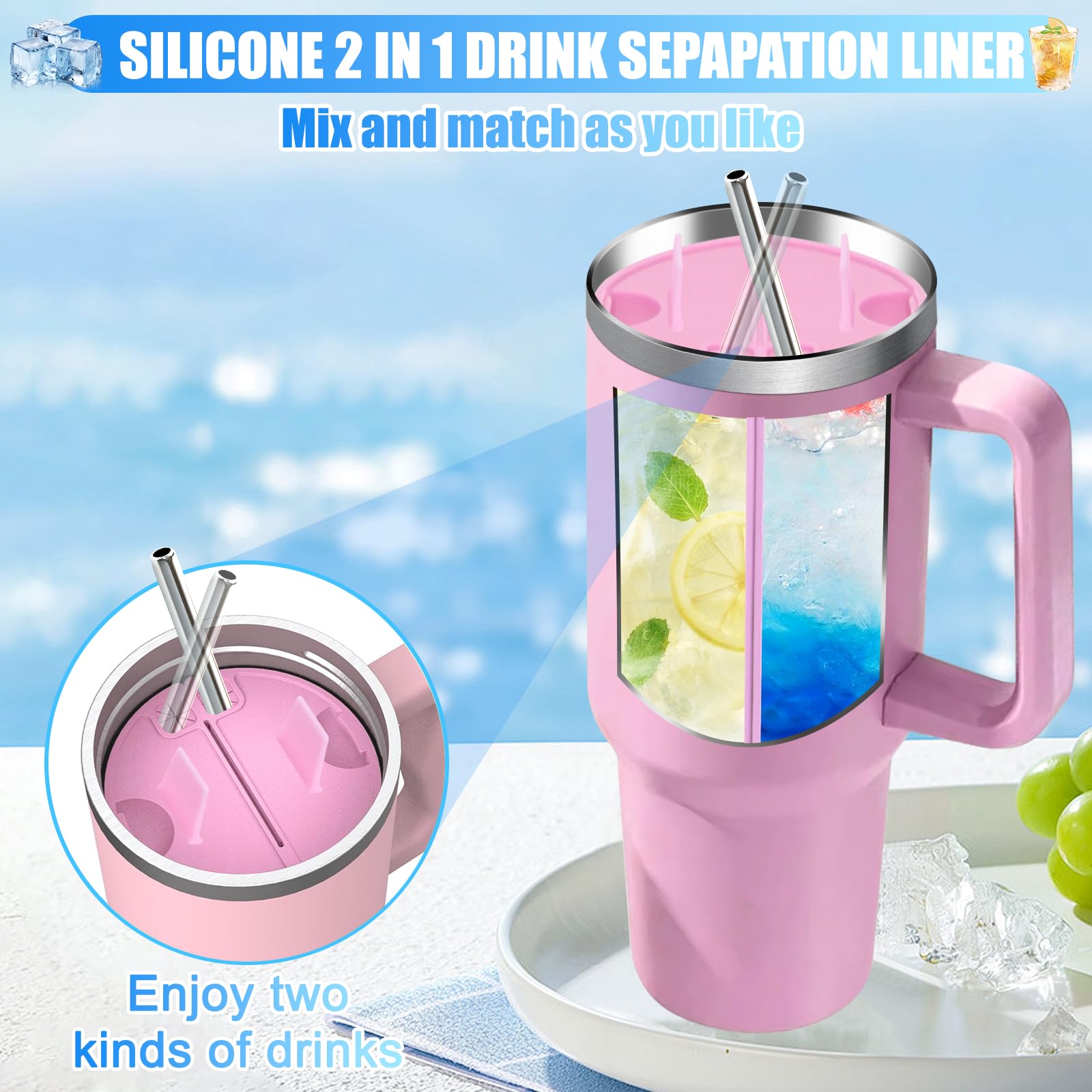 Hysagtek 2-in-1 Drink Separator for Stanley Cup 40 oz, Silicone Liner Divider for Dual-Sided Drink, Reusable Liner Separator Compatible with 40 oz Tumbler