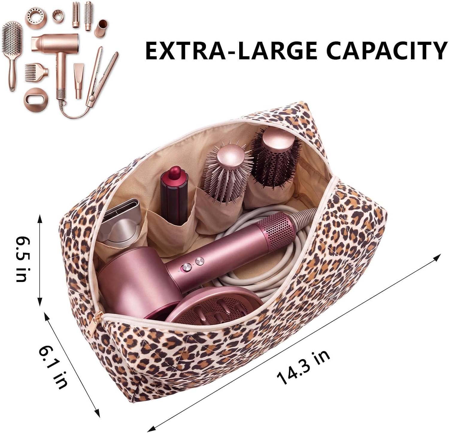 Paterr Large Hair Tools Travel Bag Portable Hair Dryer Case Cute Aesthetic Suede Travel Organizer Storage Case for Dryer Flat Curling Iron Styling Accessories, Fits Most Styling Tools(Leopard Print)