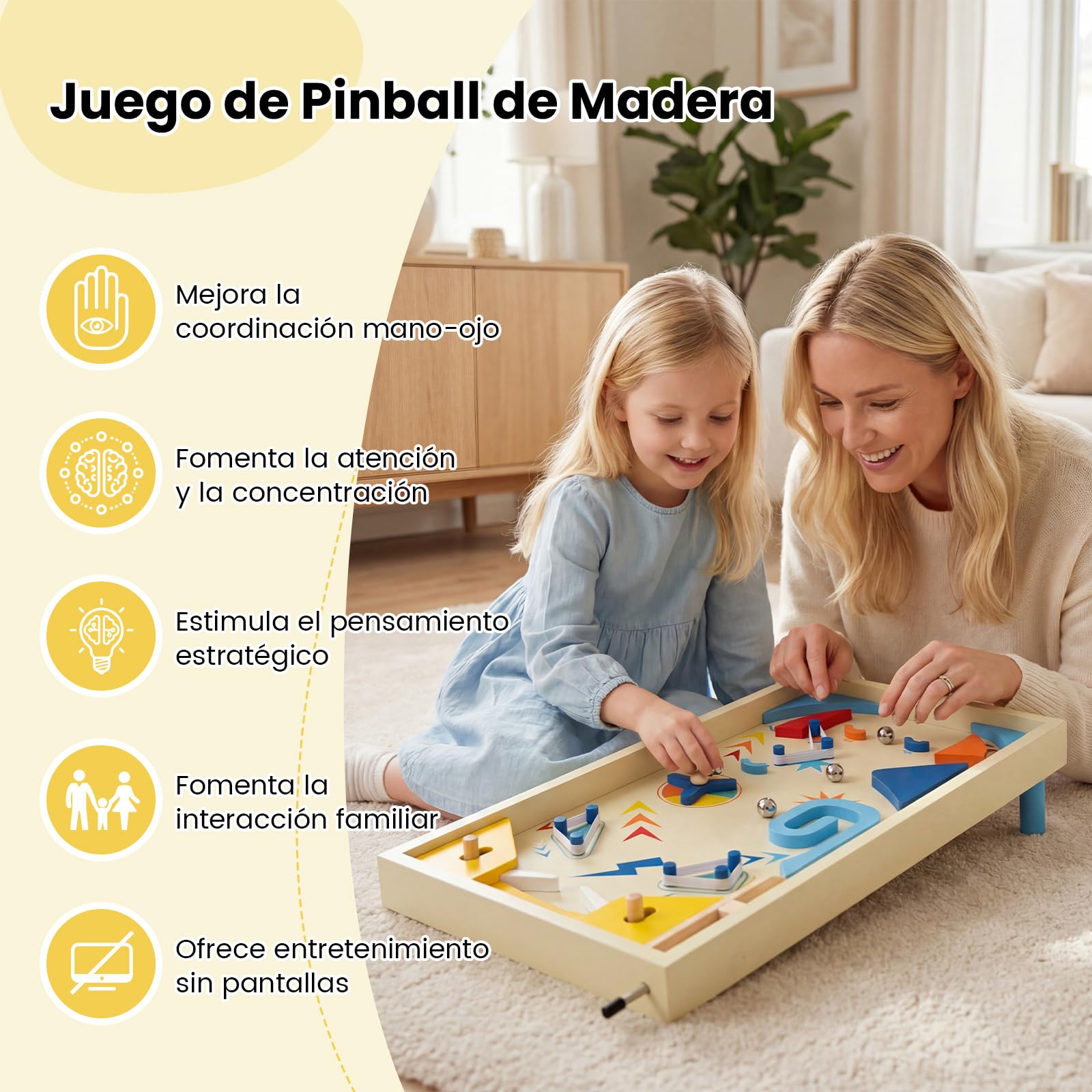 COSTWAY Máquina de Pinball de Madera, Juego de Mesa con Pista Giratoria y Puntuación con 3 Bolas para Niños de 6+ Años y Adultos, Juguete de Pinball de Canicas para Oficina o Fiestas Familiares