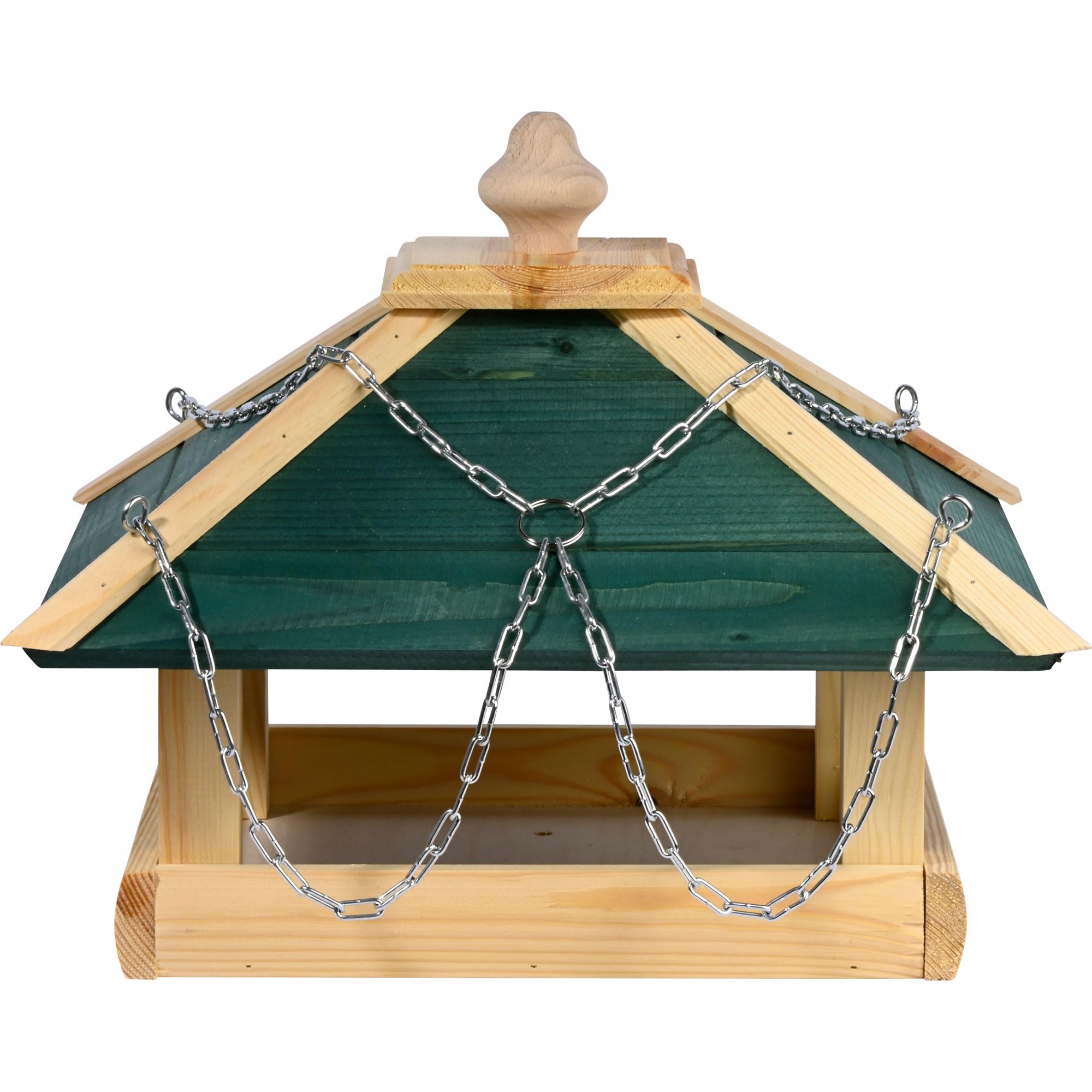 dobar green label Großes Vogelfutterhaus "Narsaq" mit Kette zum Aufhängen | Vogelhaus mit grünem Dach | Futterstation für Wildvögel | Wildvogelfutterplatz | 39 x 39 x 30 cm | Kiefer