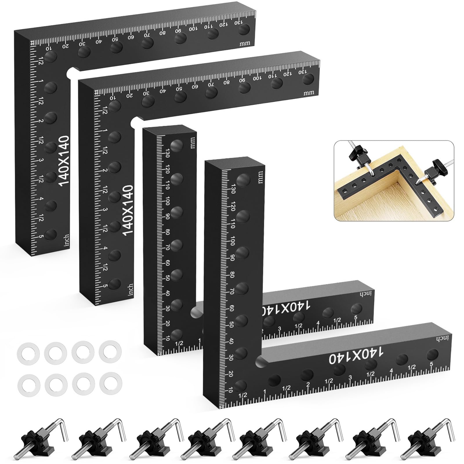 Housolution Men's Black 90 Degree Positioning Squares Right Angle Clamps 5.5 X 5.5(14 X 14Cm) Aluminum Alloy Corner Clamps For Woodworking Tools, Wood Clamps For Picture Frame Box Cabinets Drawers (4Pack),
