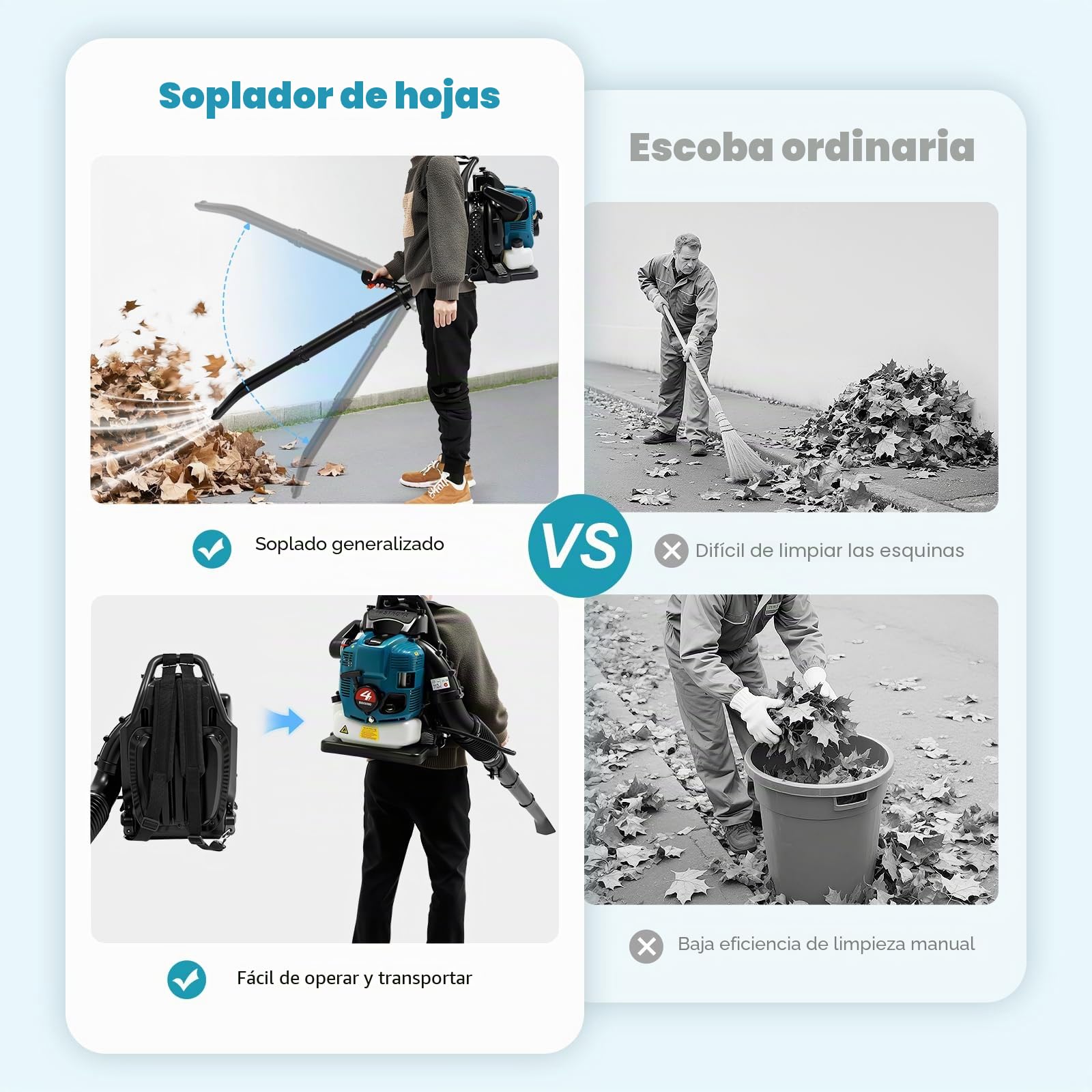 Soplador de hojas de gasolina, aspirador de jardín de 4 tiempos, soplador de 75,6 cc con potencia de motor de 2600 W y depósito de 1,9 L, velocidad variable, amortiguador de hojas refrigerado por