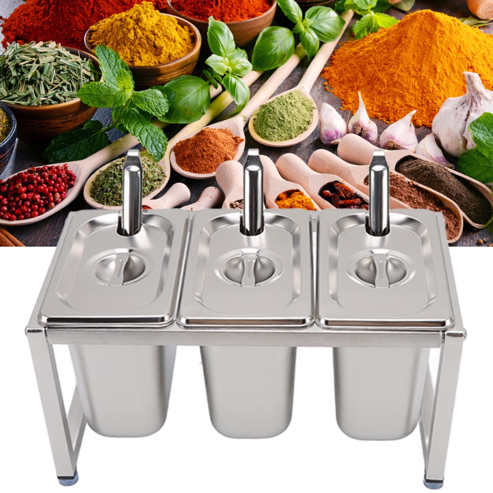 Qcwwy Soporte Organizador de Condimentos de Acero Inoxidable, Soporte para Recipientes de s de Mostrador de Restaurante, Estante de Almacenamiento de Condimentos con Tapas y (Caja de 3 uds.)