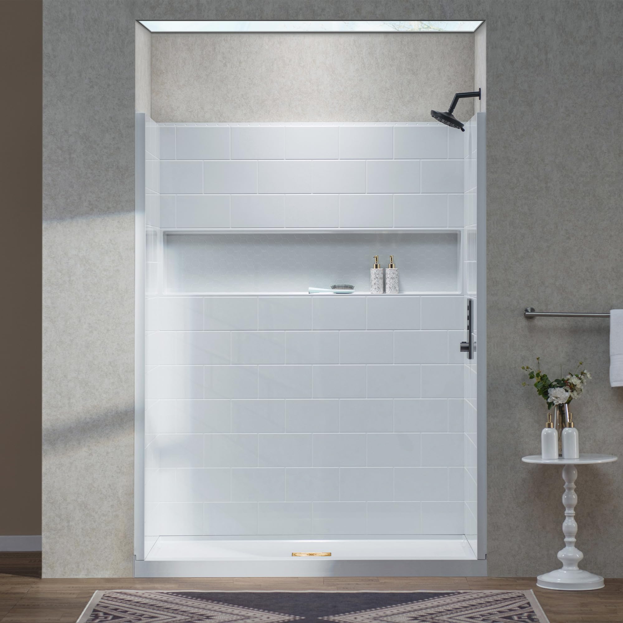 woodbridge 60"l x 32"w shower combo kits with glue up shower walls in glossy white and shower base with center drain in white (panels has some damage)