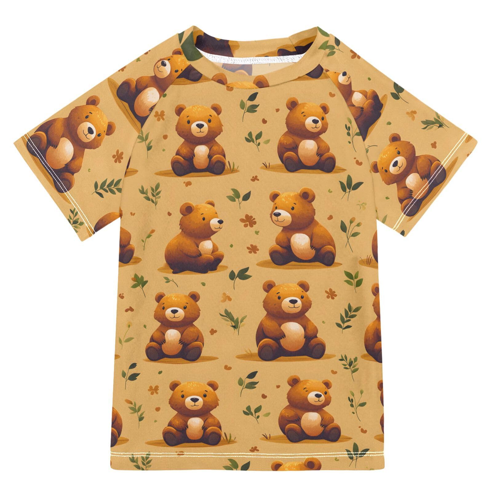 ALAZA Kids Rash Guard Boys Toddler Swim Shirts Short Sleeve Bear Brown UPF 50+ 3T