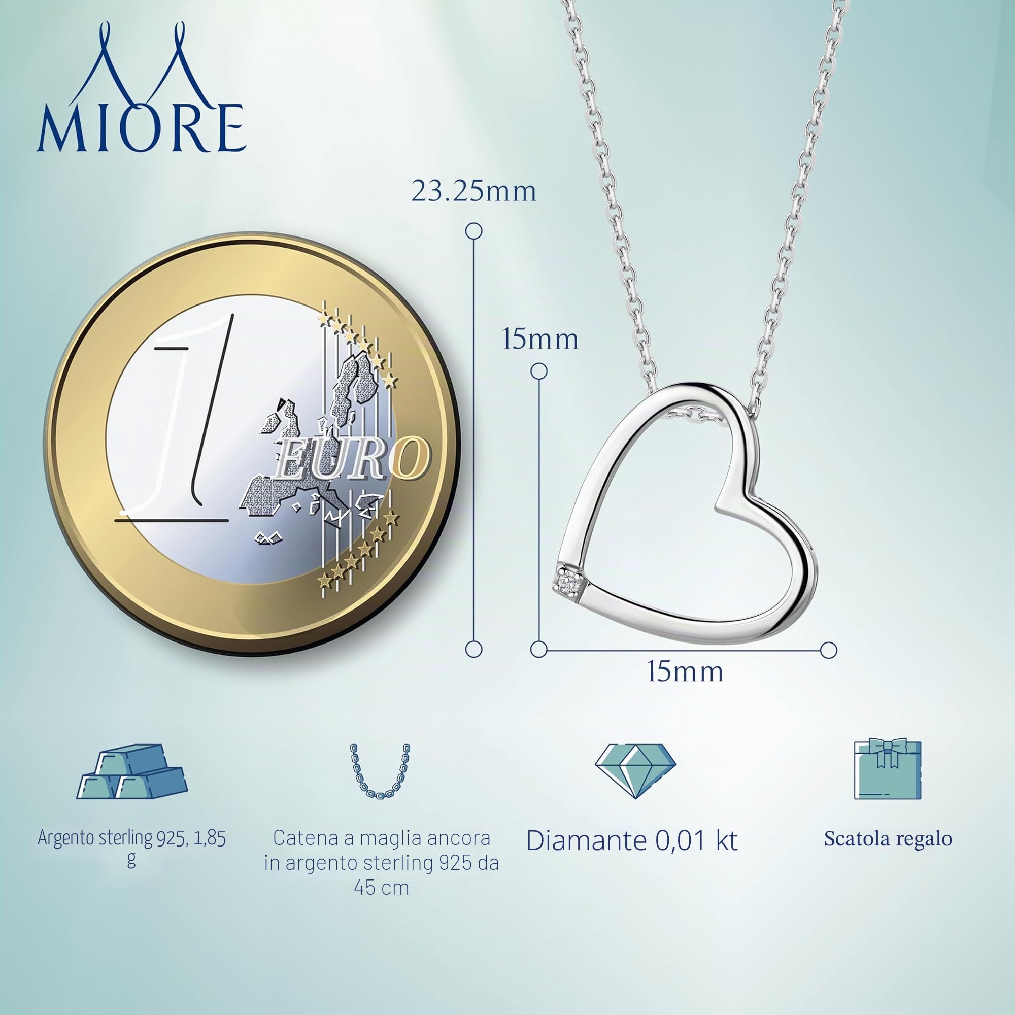 MIORE Collana Cuore Donna con Brillante Naturale in Argento Sterling 925, Ciondolo Cuore con Catena dal design moderno, anallergico. Ciondolo con Diamante con Catenina rolò Lunga Cm 45.