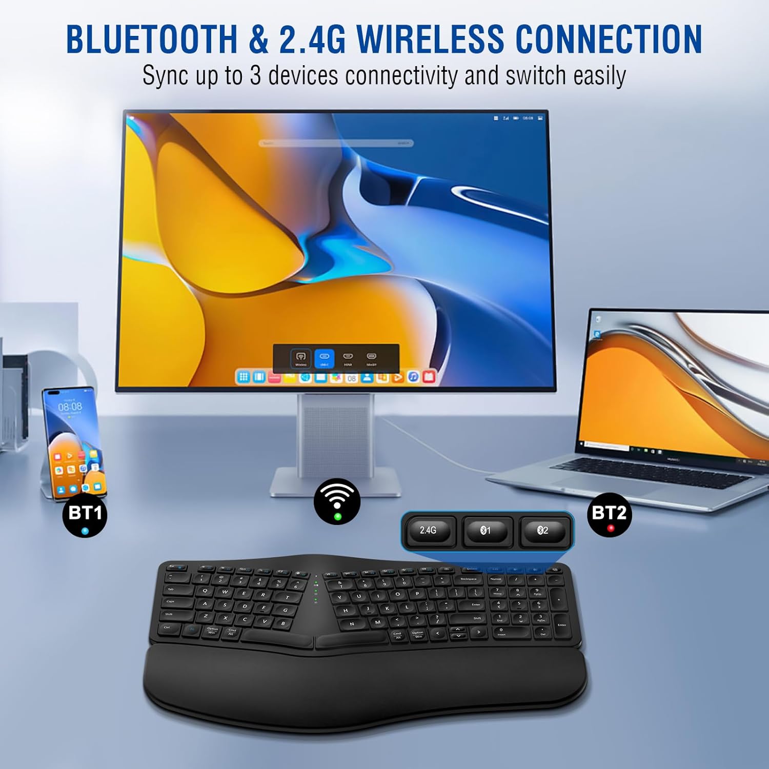 EDJO Ergonomic Wireless Keyboard showing multi-device Bluetooth and 2.4G connectivity