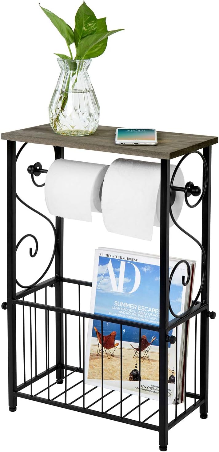 MyGift Toilet Paper Holder Stand with Shelf, Bathroom Table Stand Storage with Magazine Holder Basket, Scrollwork Design, White Metal
